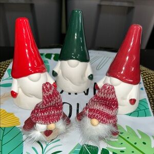 Festive Gnome Figurine Set - Red and Green. 3 ceramic  2 knit.
